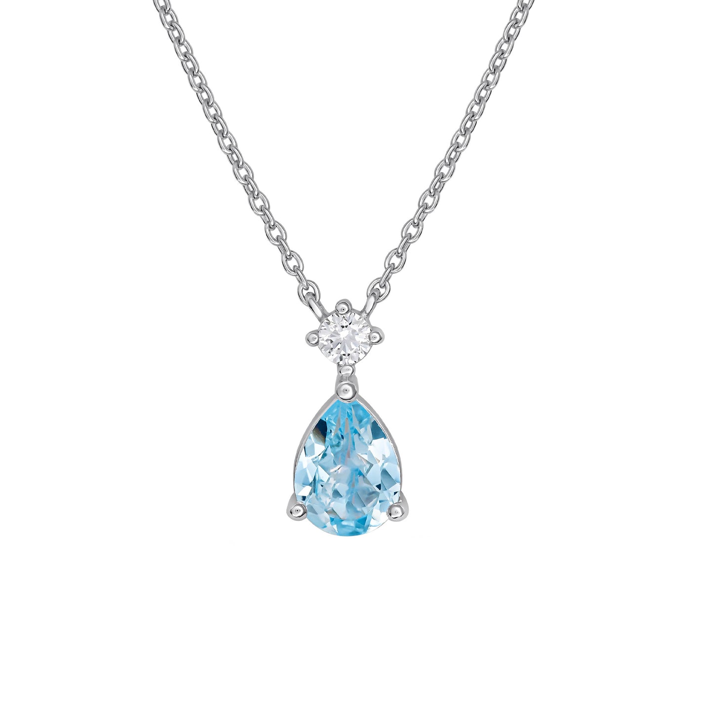 A teardrop shaped necklace featuring bright blue topaz stone