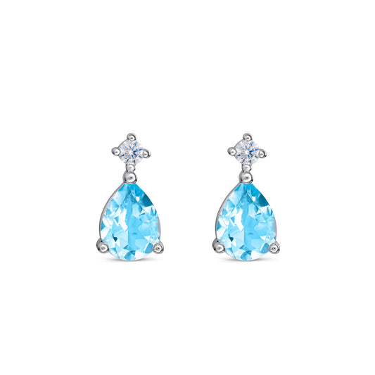 A pair of teardrop shaped stud earrings featuring bright blue topaz stones