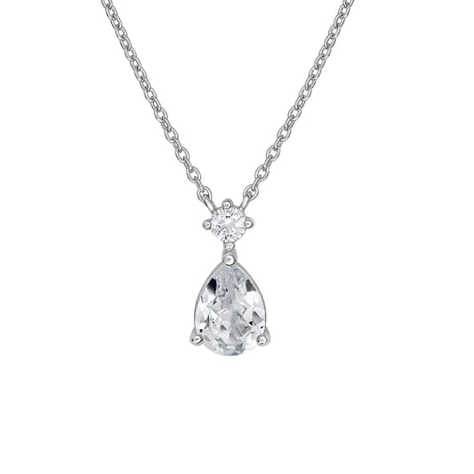 A teardrop shaped pendant featuring CZ stones on a silver chain