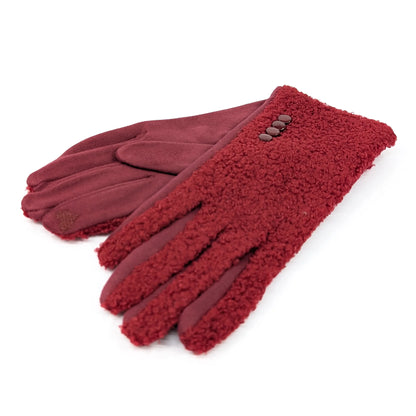 Buttoned Teddy Gloves | Dark Red