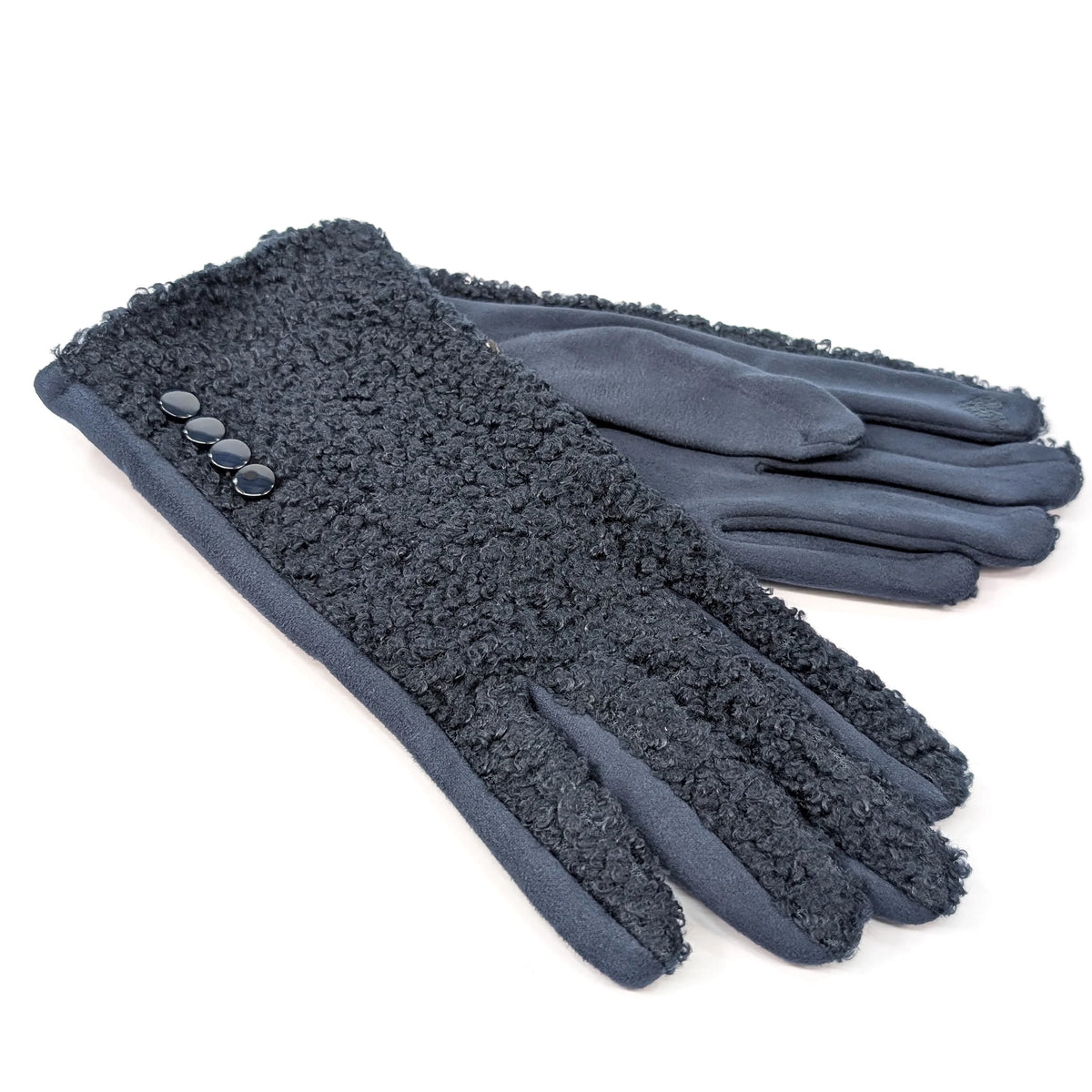 Buttoned Teddy Gloves | Navy Blue