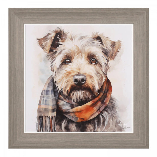 Square wood framed print of dog in a scarf