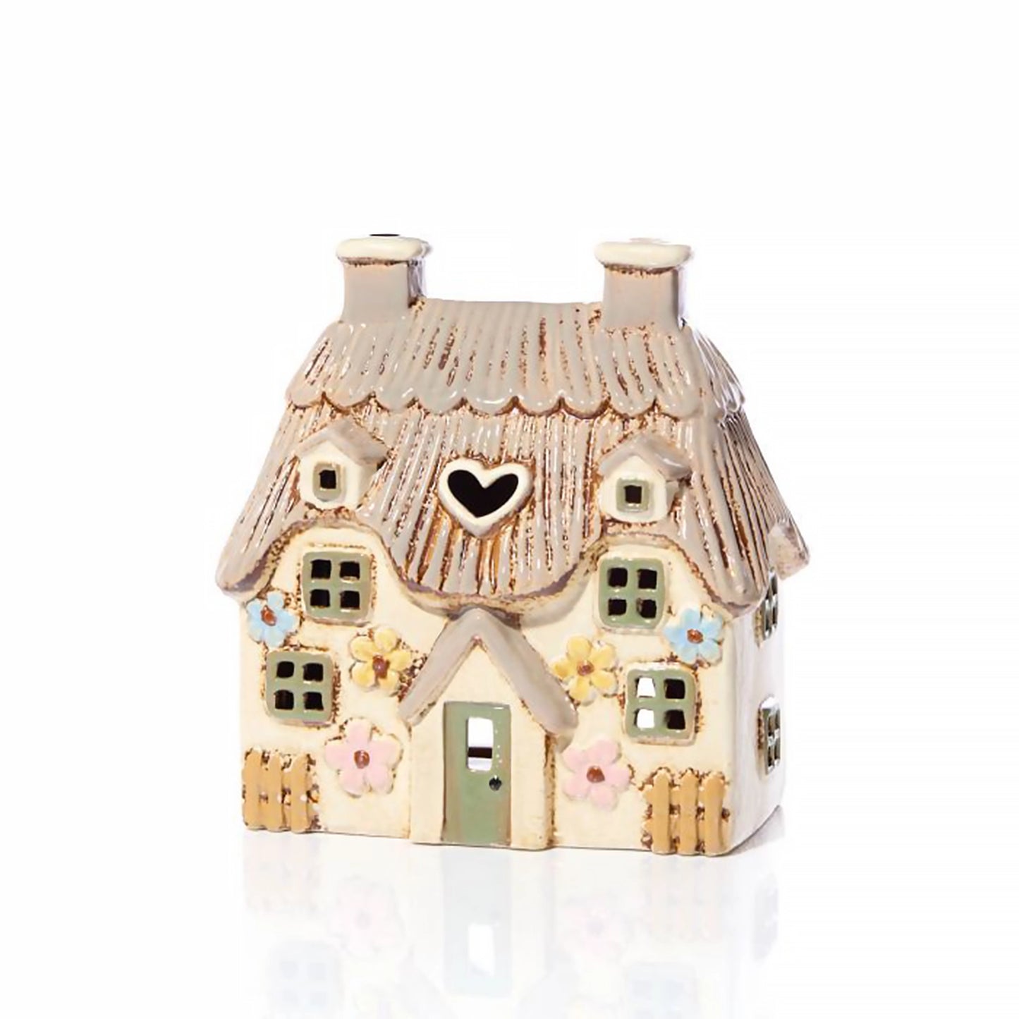 Tealight Holder Floral Thatched Cottage | Cream