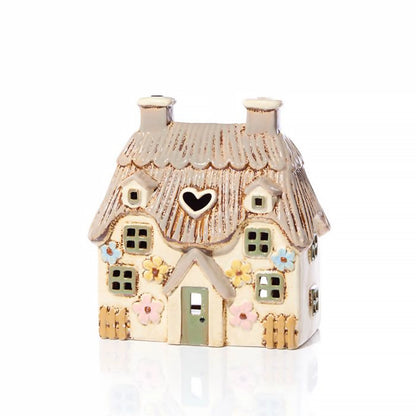 Tealight Holder Floral Thatched Cottage | Cream