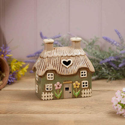 Tealight Holder Floral Thatched Cottage | Green