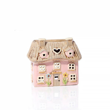 Tealight Holder Floral Thatched Cottage | Pink
