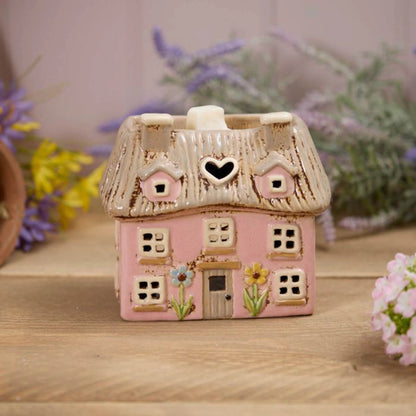 Tealight Holder Floral Thatched Cottage | Pink