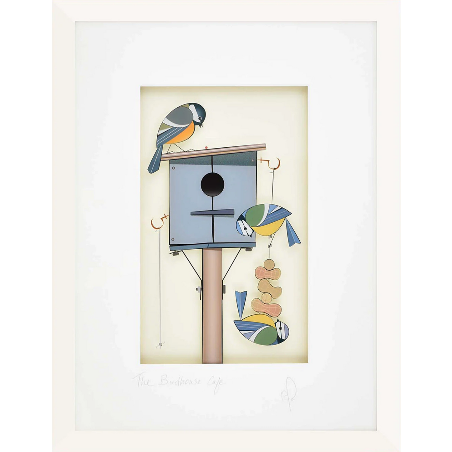 Acrylic framed wall art featuring a birdhouse and bluetits