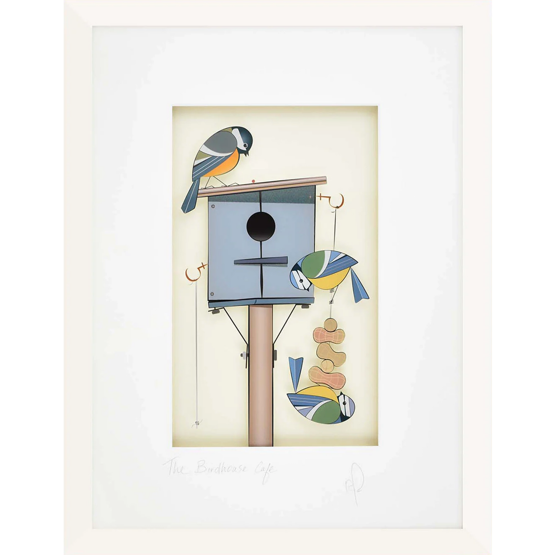 Acrylic framed wall art featuring a birdhouse and bluetits