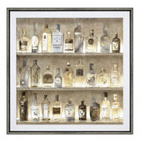 Framed print of mixed media liquor bottles with raised paper details and metallic paper in vintage style.