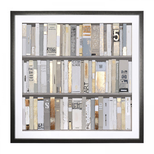 Framed print of mixed media books with raised paper details and metallic paper in vintage style.