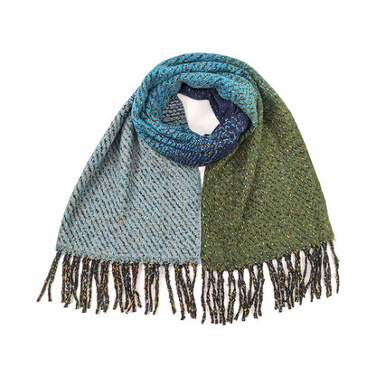 A blue to green colour knit scarf with diagonal multicolour shimmer thread and tassel trim