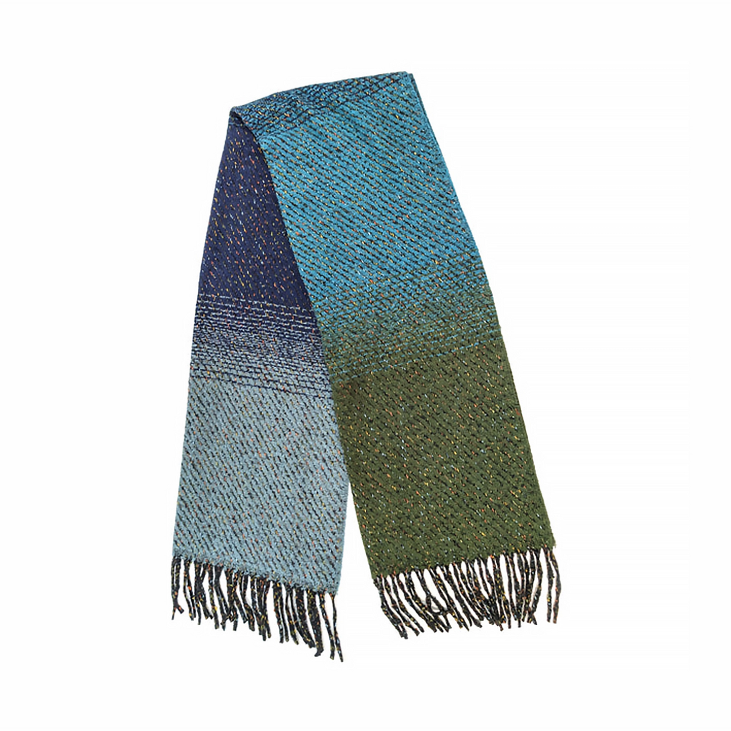 A blue to green colour knit scarf with diagonal multicolour shimmer thread and tassel trim
