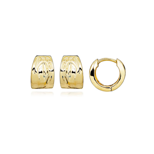 Gold pair of thick huggie hoop earrings with a texture like fabric folds or water