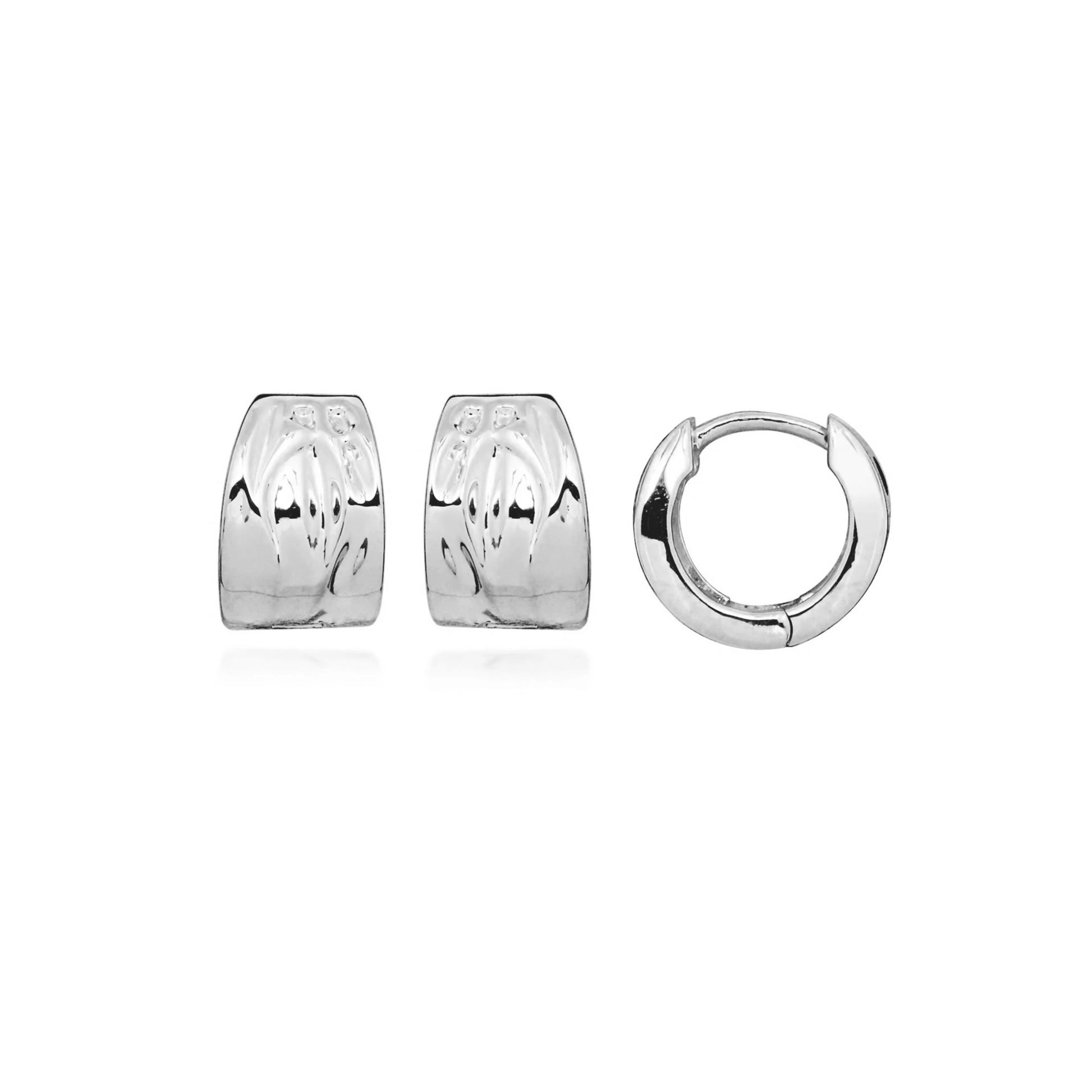 Silver pair of thick huggie hoop earrings with a texture like fabric folds or water