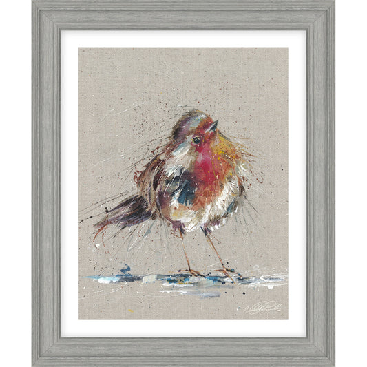 A framed print with textured canvas background and a painted robin bird