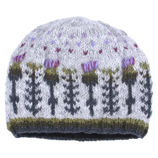 A knitted grey hat featuring a repeating thistle pattern with hearts