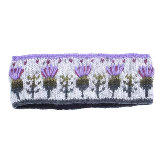 A headband featuring a repeating row of purple thistles and hearts