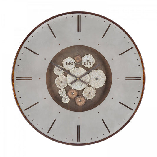 A wall clock with exposed cog design in a bronze colour