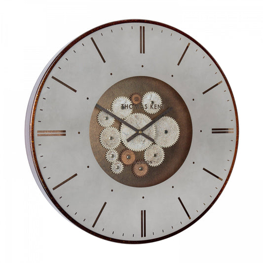 A wall clock with exposed cog design in a bronze colour side view