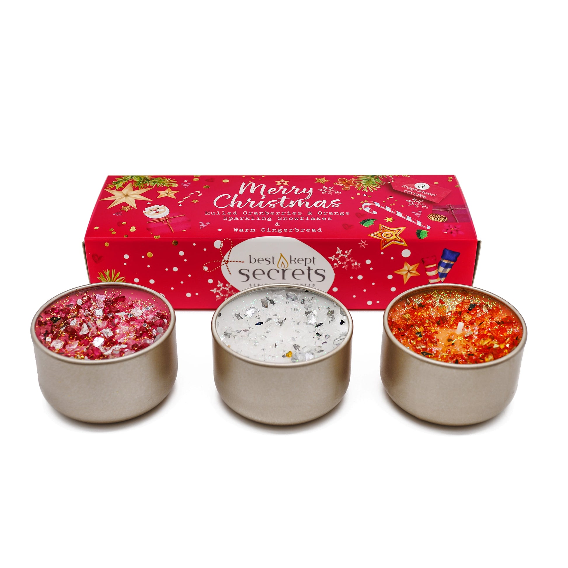 Set of three 'Merry Christmas' candle tins with glitter top details