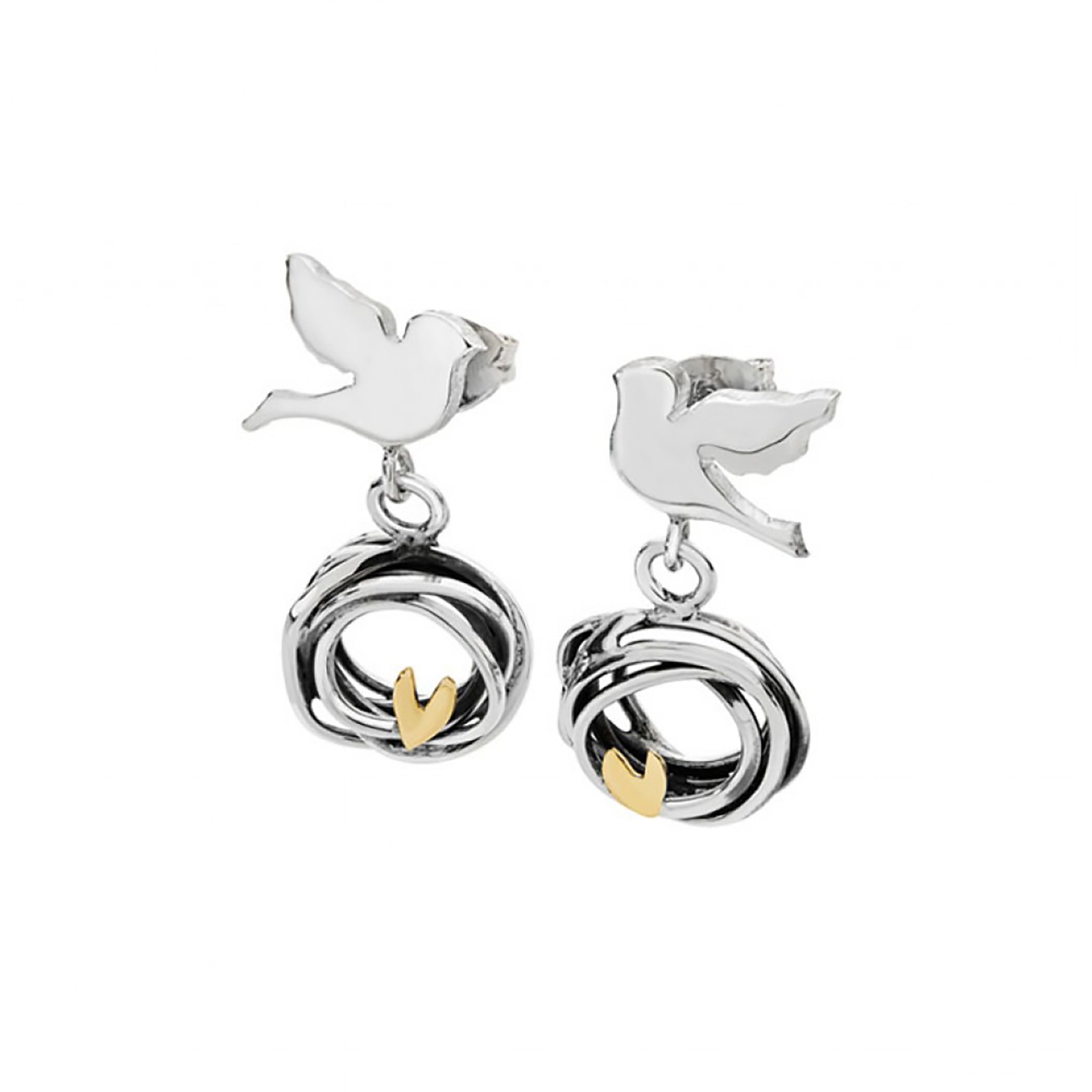 Silver bird earrings with nest shape drops featuring gold heart detail on stud fittings