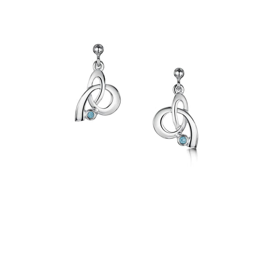 Silver drop earrings with abstract loose knot design and small round blue topaz stone on drop post fittings