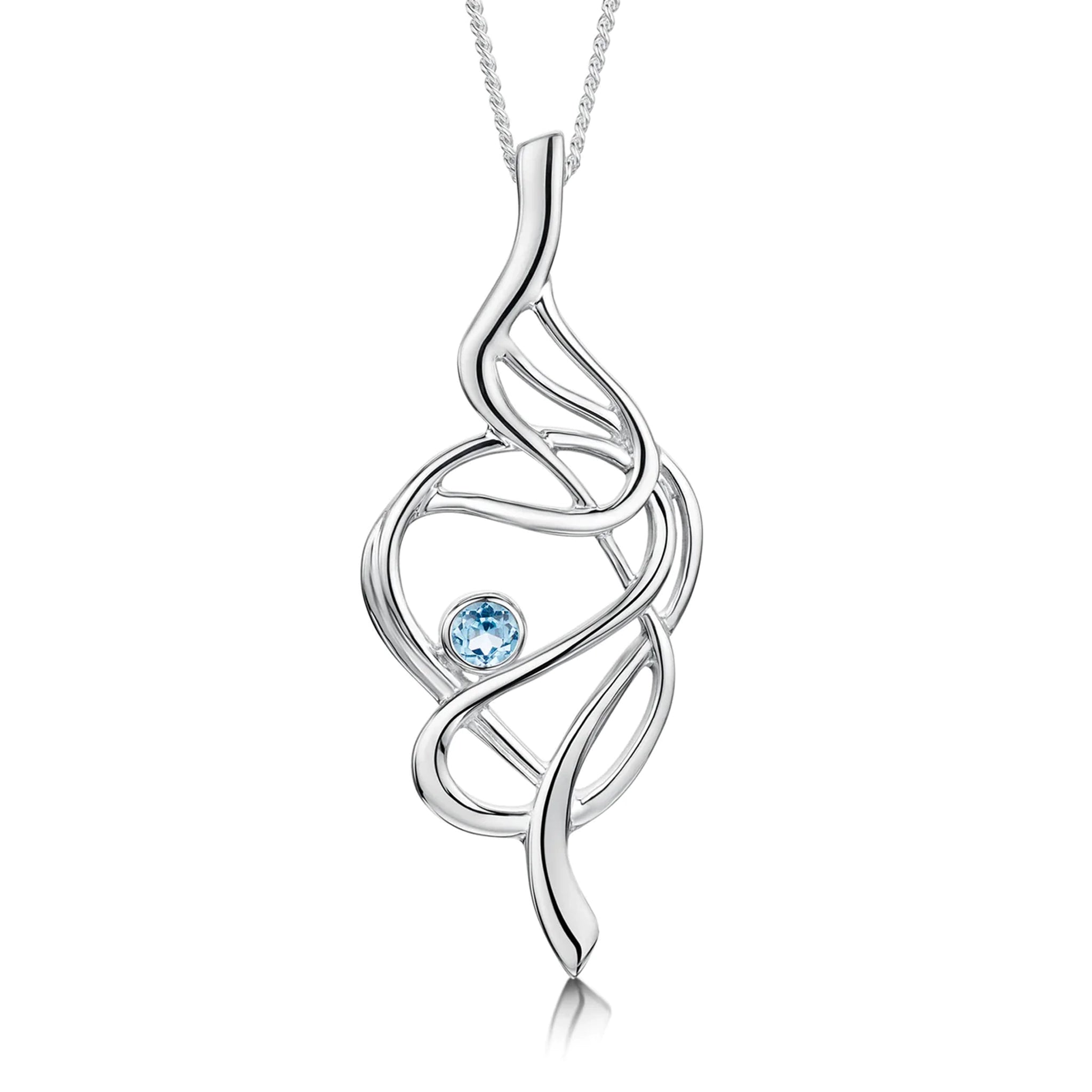 Large silver pendant with abstract loose knot design and round blue topaz stone on a silver chain