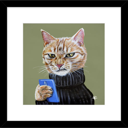 A square framed print featuring a ginger cat checking a phone