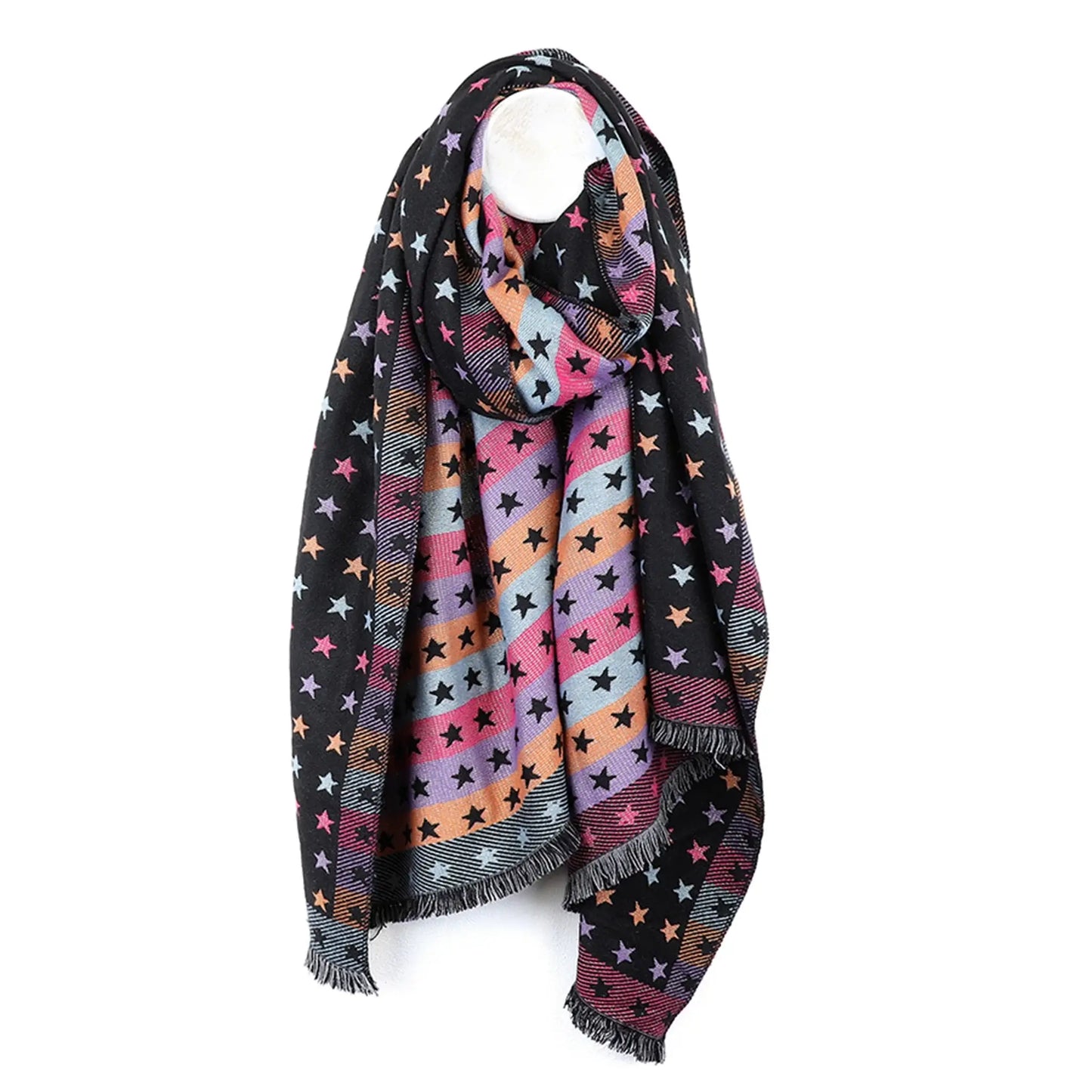 Reversible black and pastel rainbow stars and stripes scarf
