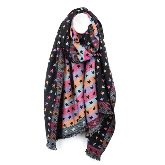 Reversible black and pastel rainbow stars and stripes scarf