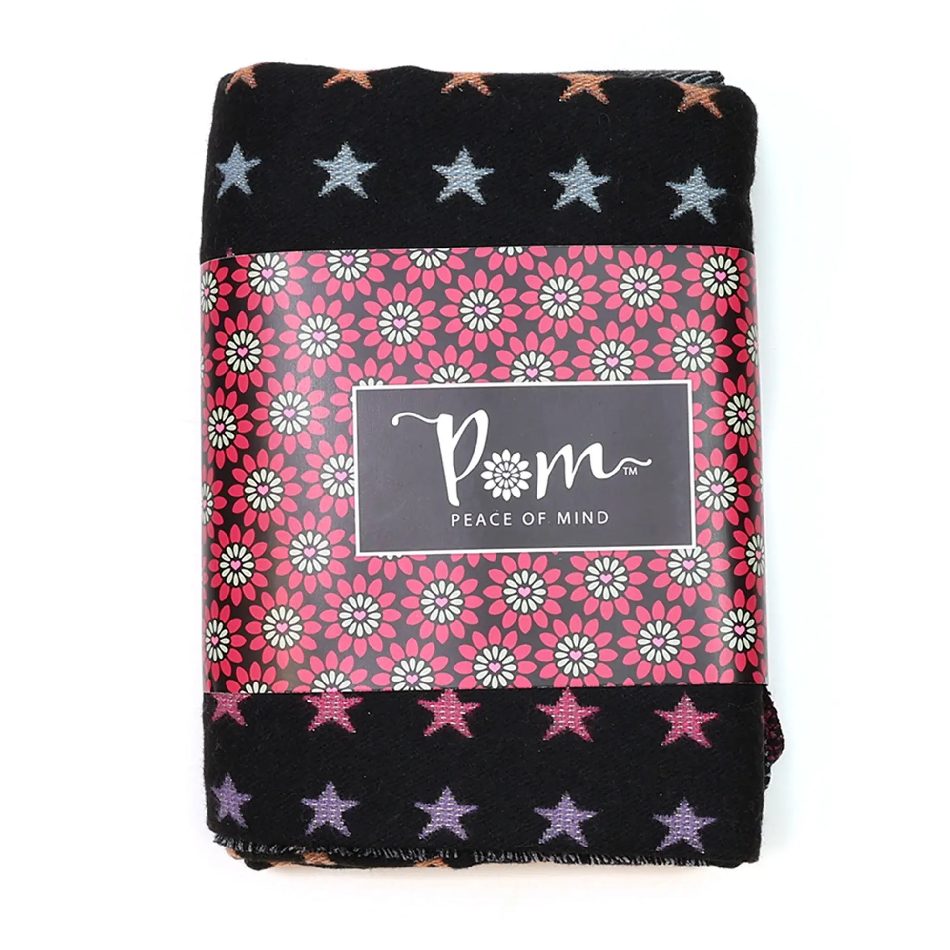 Reversible black and pastel rainbow stars and stripes scarf packaging