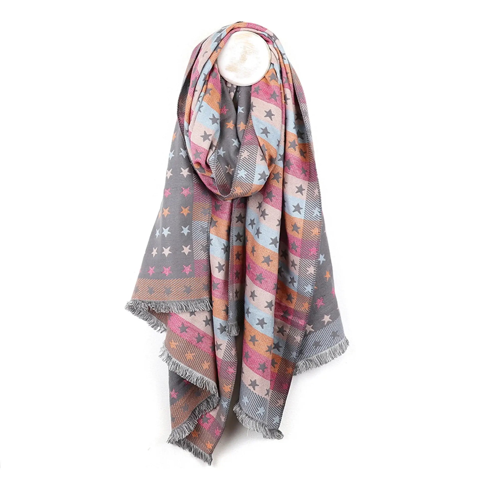 Reversible grey and pastel rainbow stars and stripes scarf