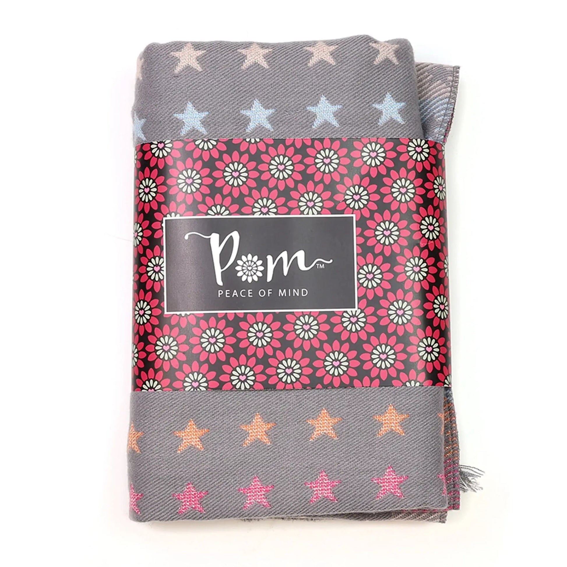 Reversible grey and pastel rainbow stars and stripes scarf in packaging