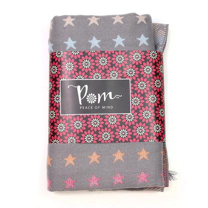 Reversible grey and pastel rainbow stars and stripes scarf in packaging