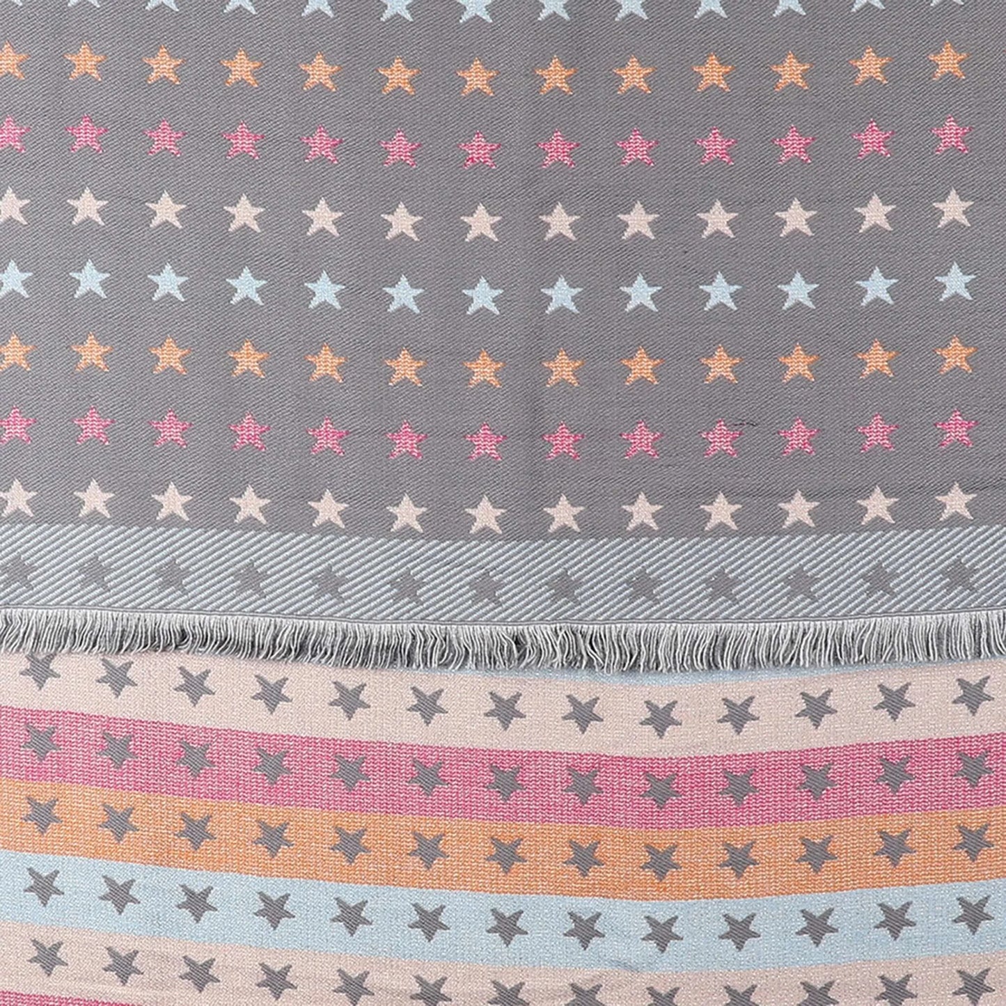 Reversible grey and pastel rainbow stars and stripes scarf pattern detail