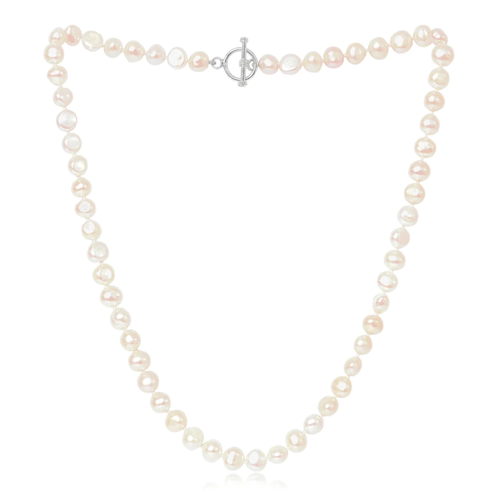 A silver toggle clasp necklace strung with natural shaped pink freshwater pearls