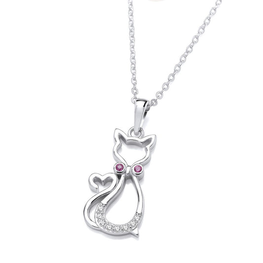 Silver sitting cat pendant with CZ details along the bottom and two purple ones on the collar
