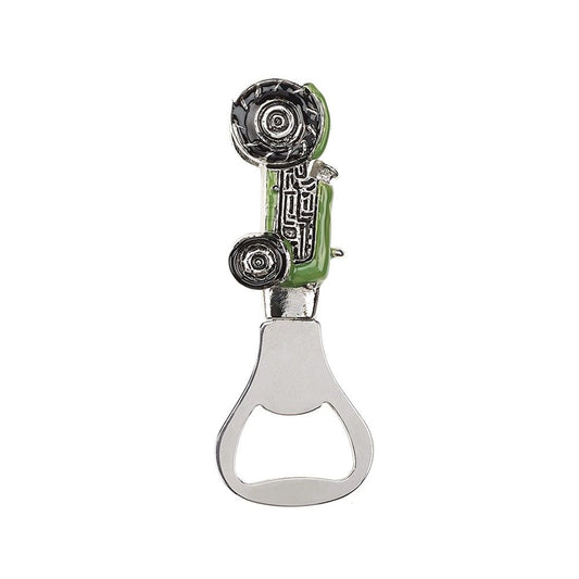 An enamelled bottle opener with a tractor shaped handle