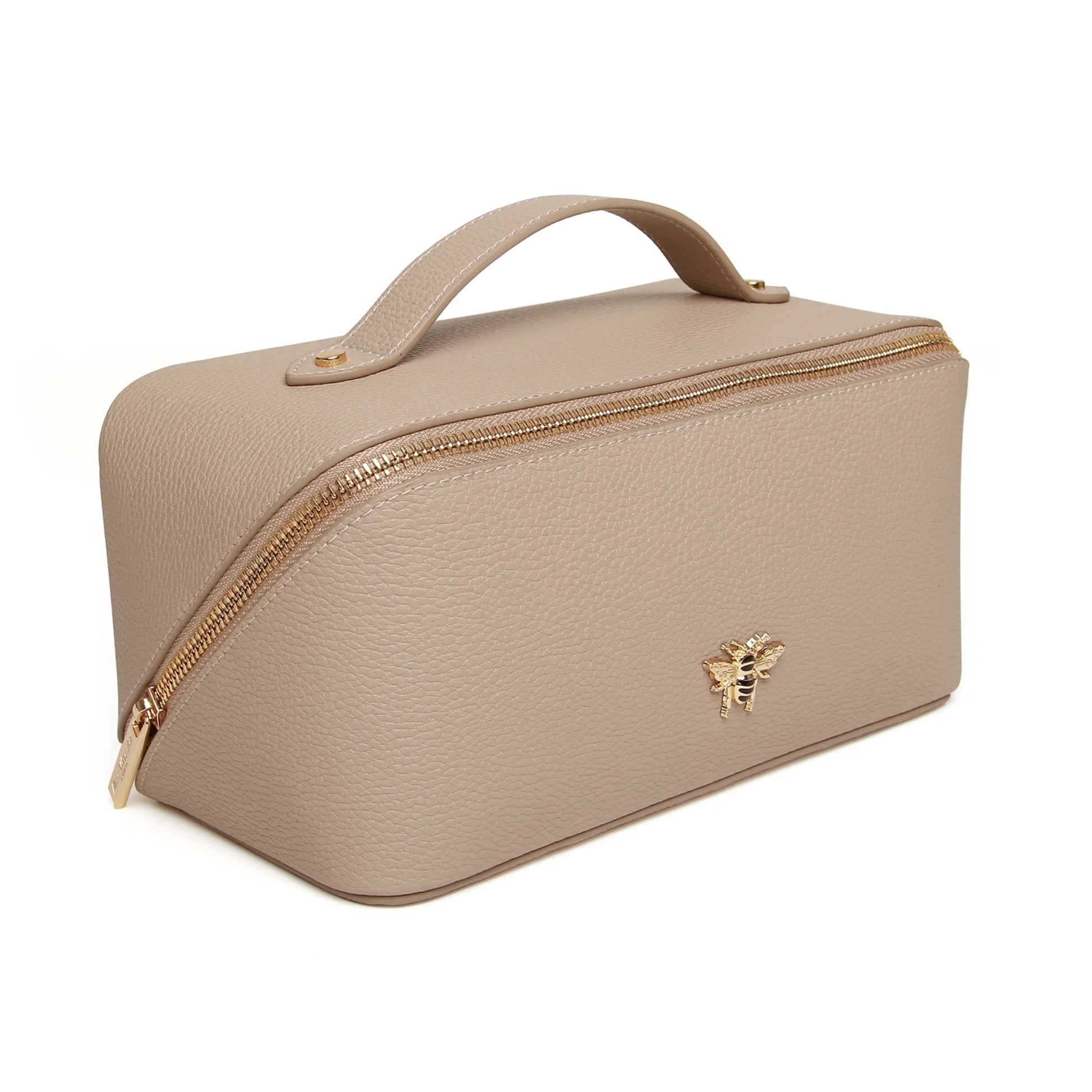 Stone faux leather cosmetic train bag with gold bee emblem and zip closure