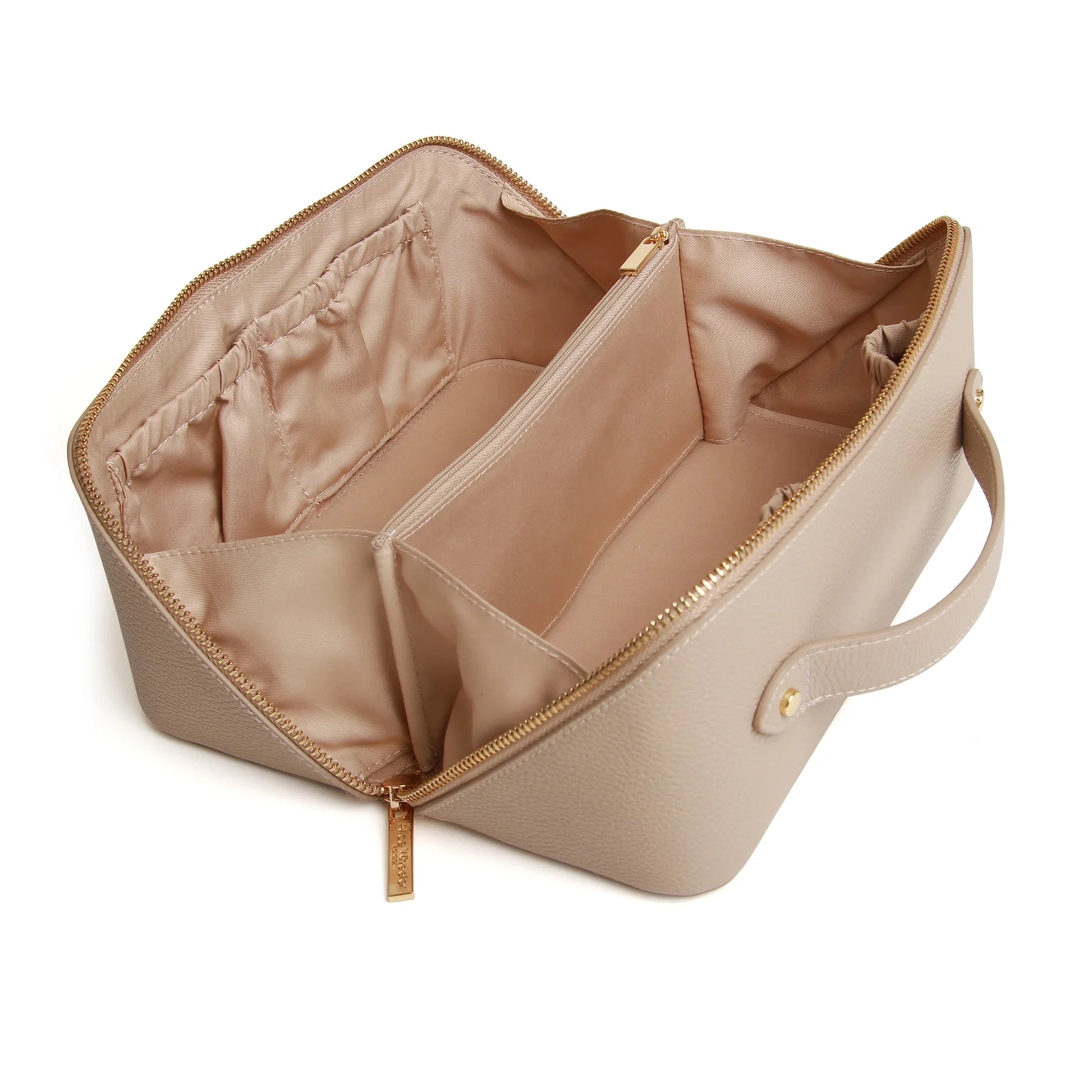 Open stone faux leather cosmetic train bag with zip closure and internal pockets