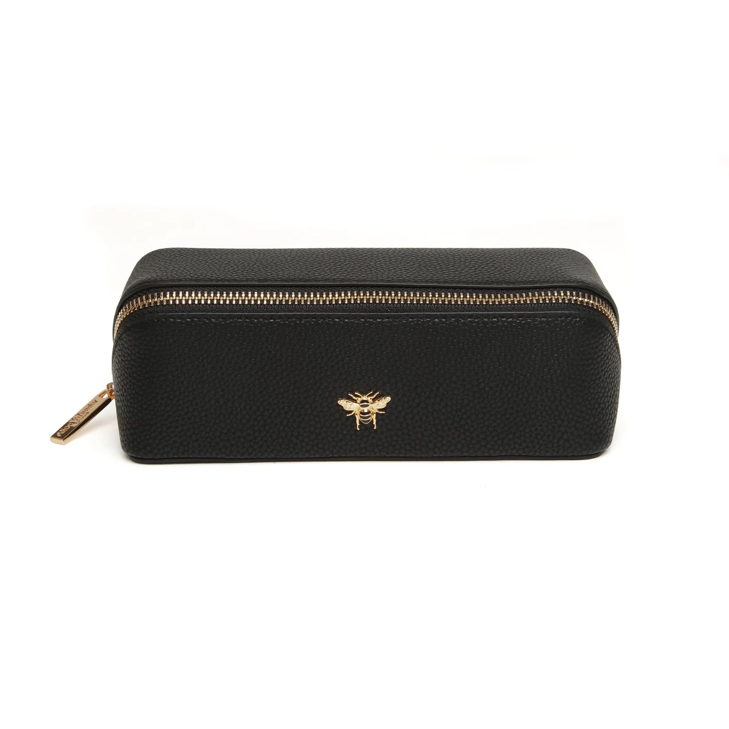Black faux leather cosmetic train bag with gold bee emblem and zip closure