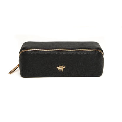 Black faux leather cosmetic train bag with gold bee emblem and zip closure