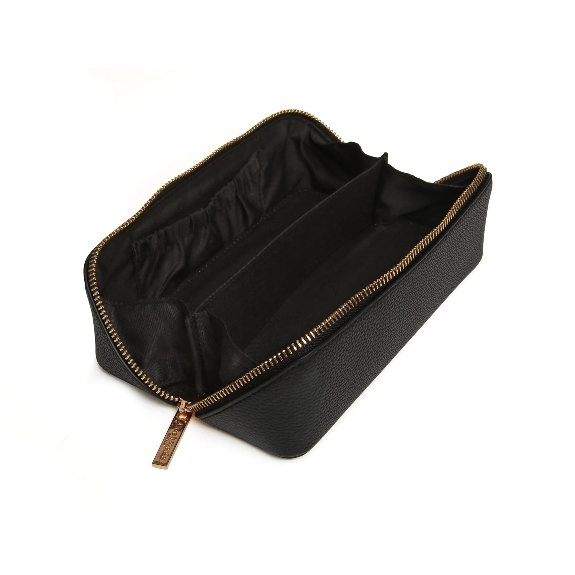 Open black faux leather cosmetic train bag with two large compartments and slip pockets 