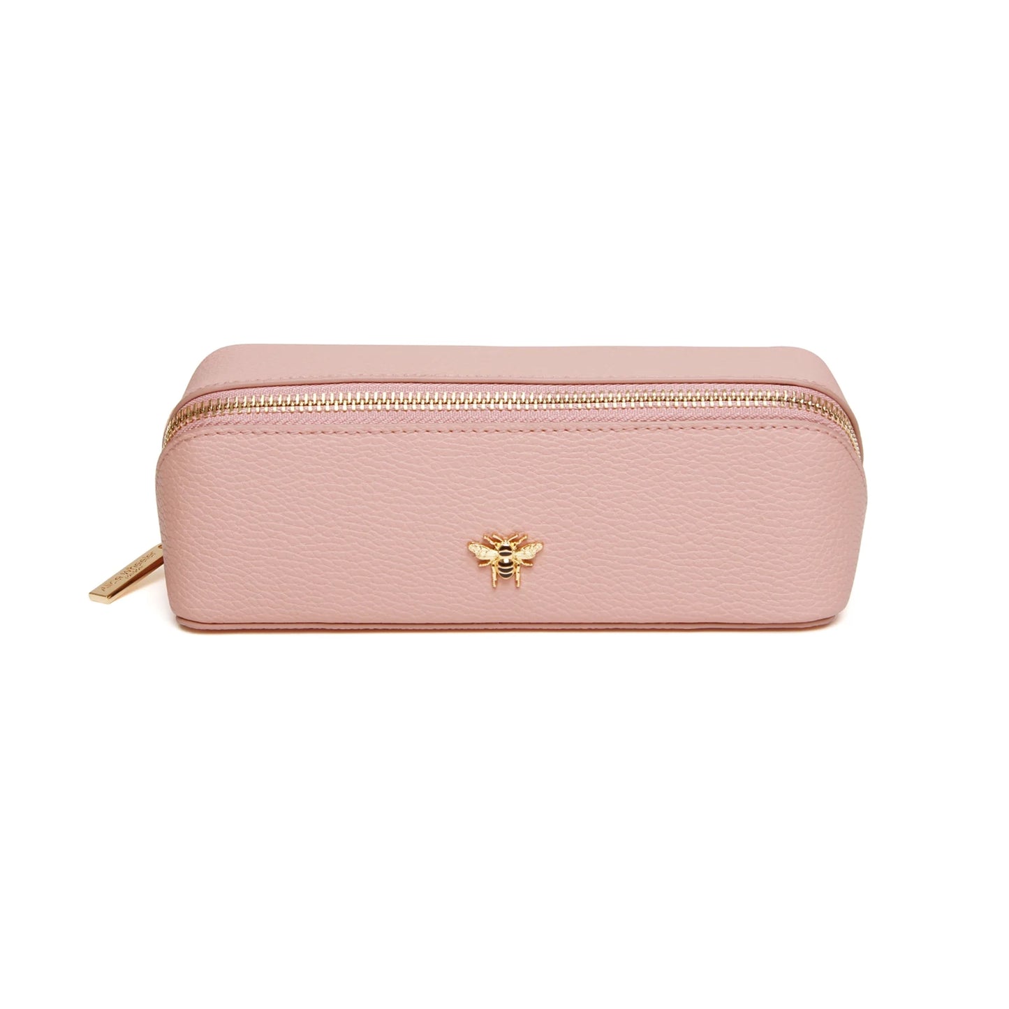 Pink faux leather cosmetic train bag with gold bee emblem and zip closure
