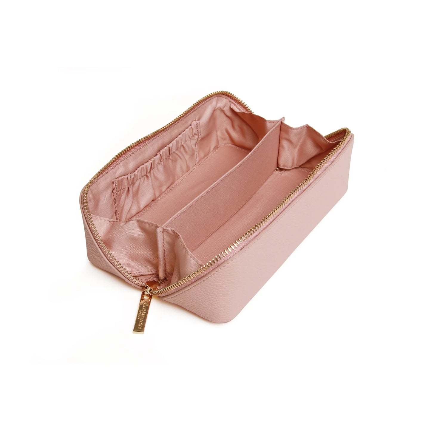 Open pink faux leather cosmetic train bag with two large compartments and slip pockets