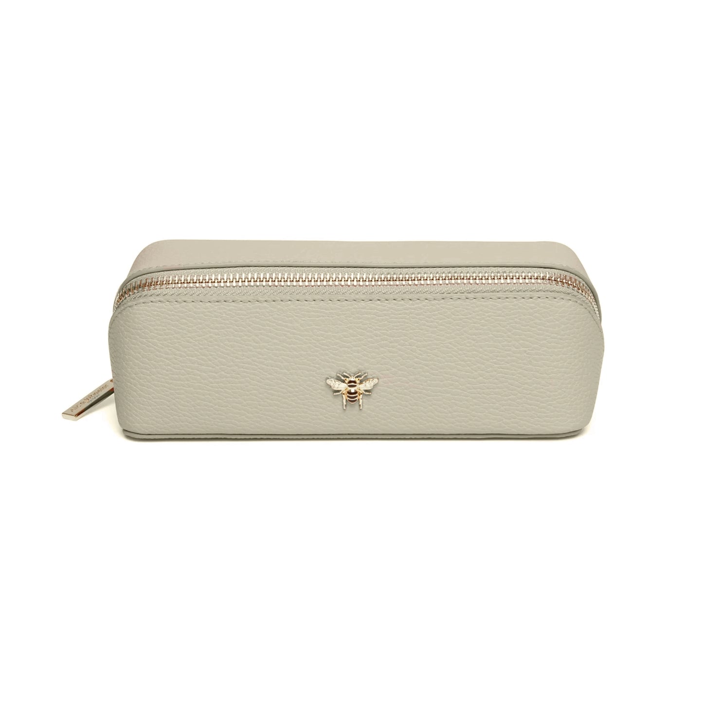 Pistachio green faux leather cosmetic train bag with gold bee emblem and zip closure