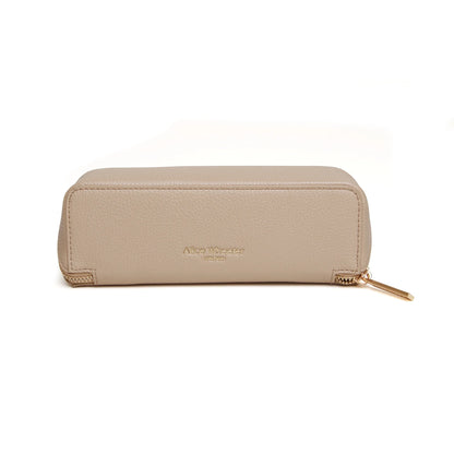 Closed stone faux leather cosmetic train bag with zip back