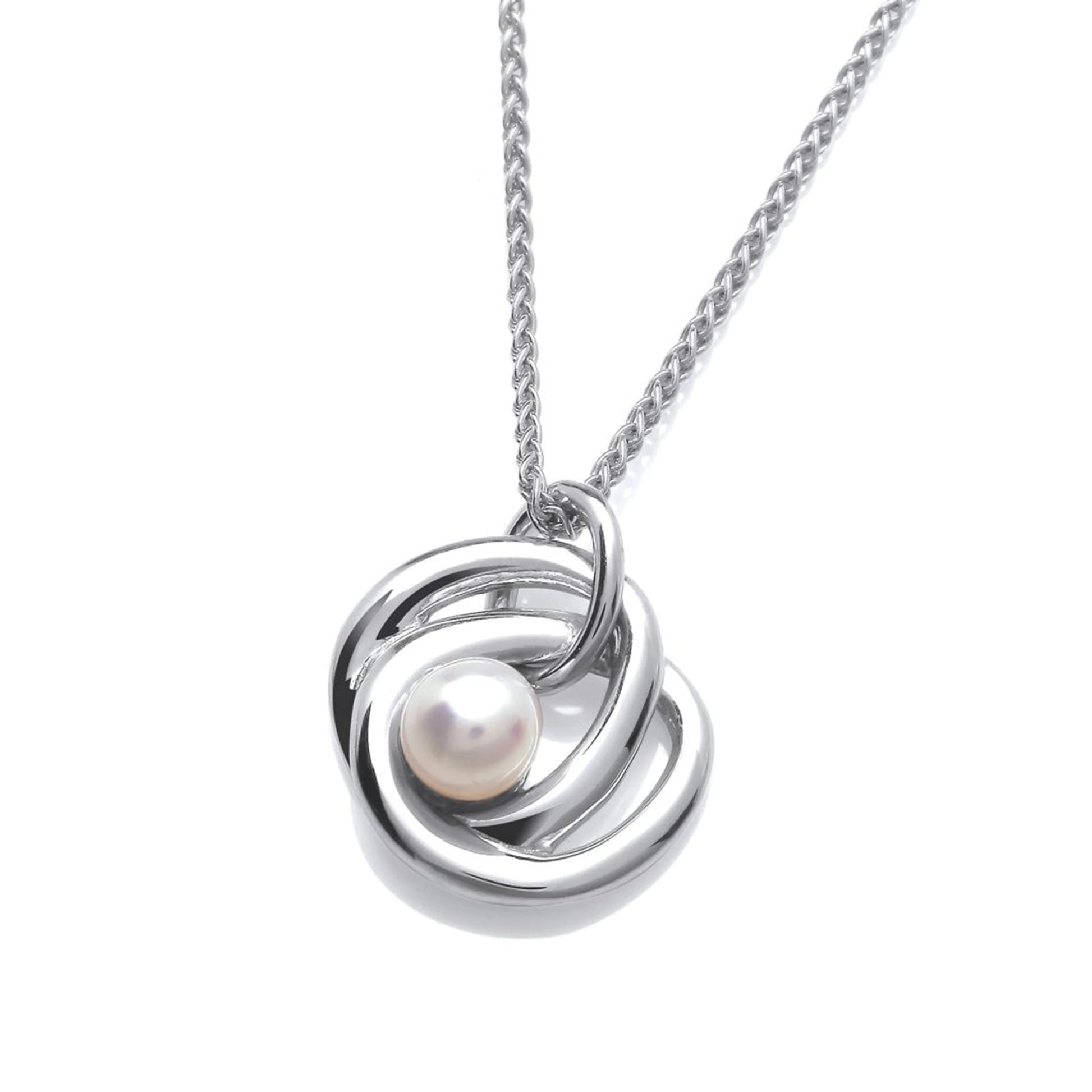 Silver knot tangle shaped pendant with a freshwater pearl in the centre and a silver chain