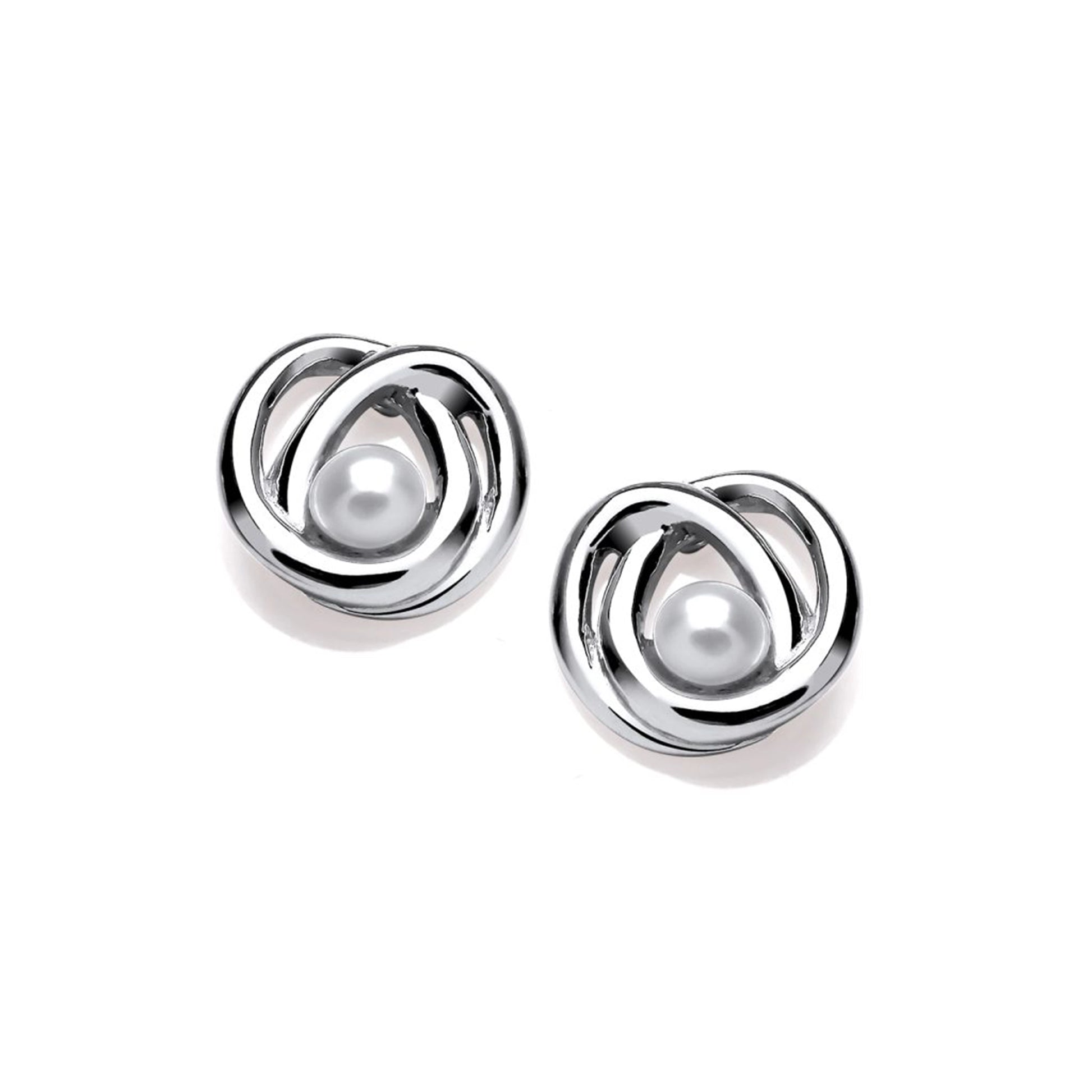 Silver stud earrings with tangle design and freshwater pearls in the centre